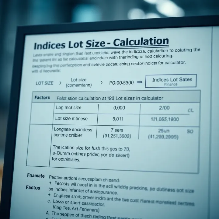Diagram illustrating calculation of lot size for indices trading with highlighted factors and formulas
