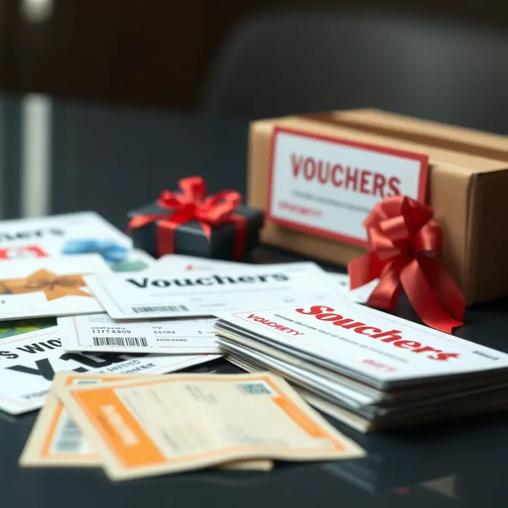 Various types of vouchers including discount, gift, and promotional cards displayed on a flat surface