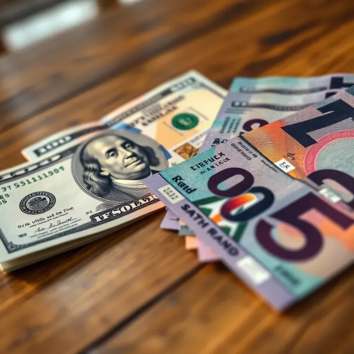 Close-up of US dollars and South African rand banknotes on a wooden table