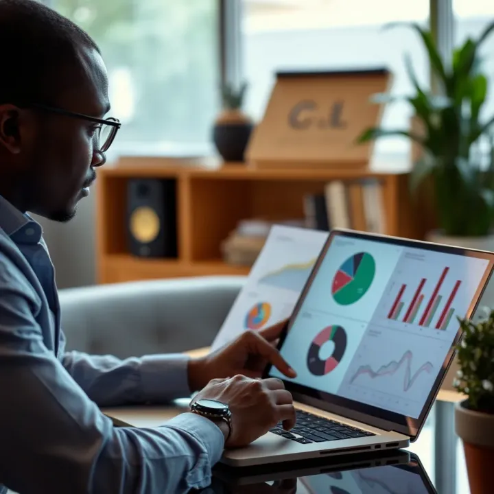 A business owner reviewing voucher redemption data on a laptop with charts and graphs open